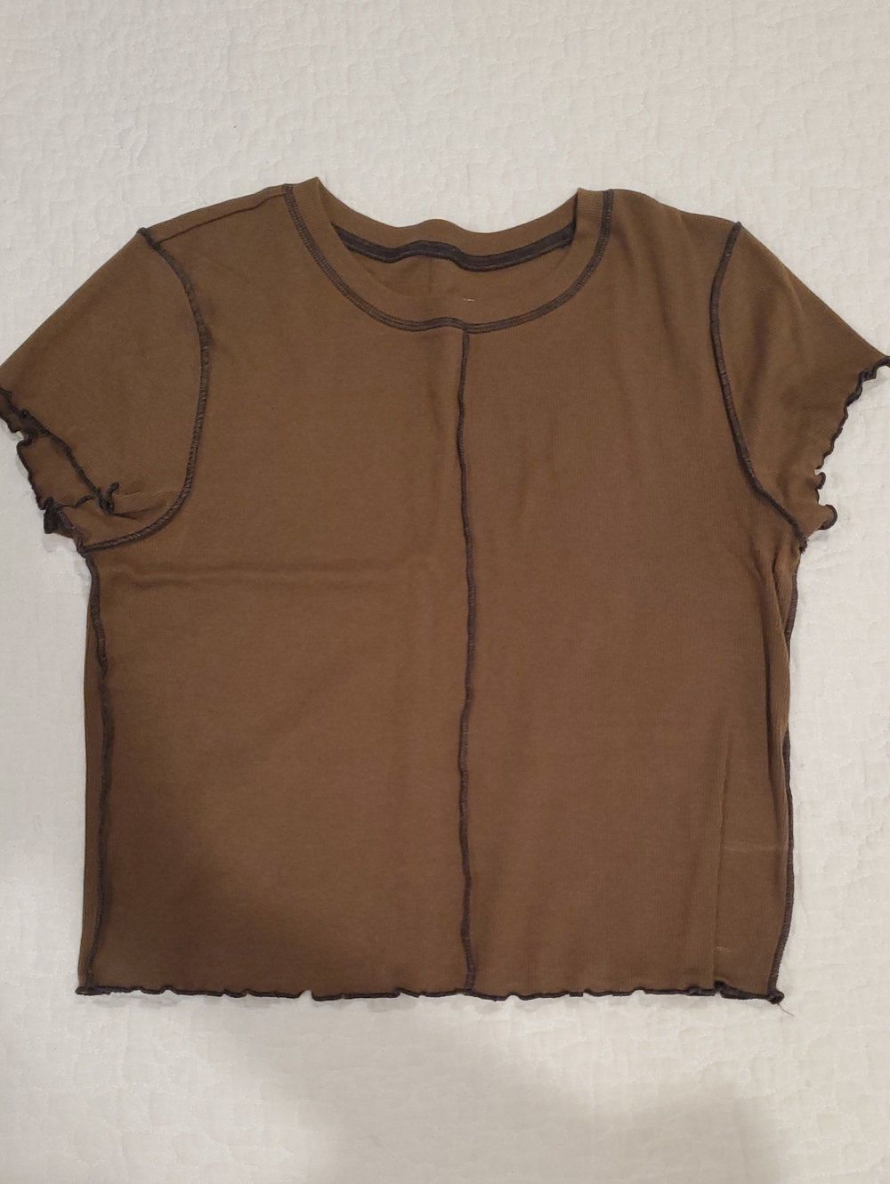 Brown Contrast Seam Short Sleeve Top Cropped